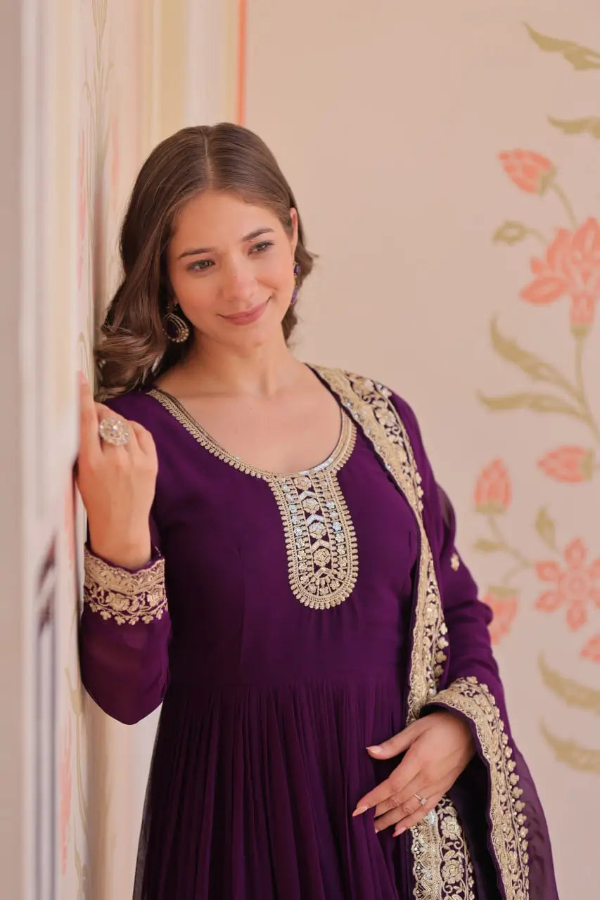 Designer Faux Blooming Georgette Gown with Dupatta – Zari & Sequins Work (Mehroon, Purple, Rani)