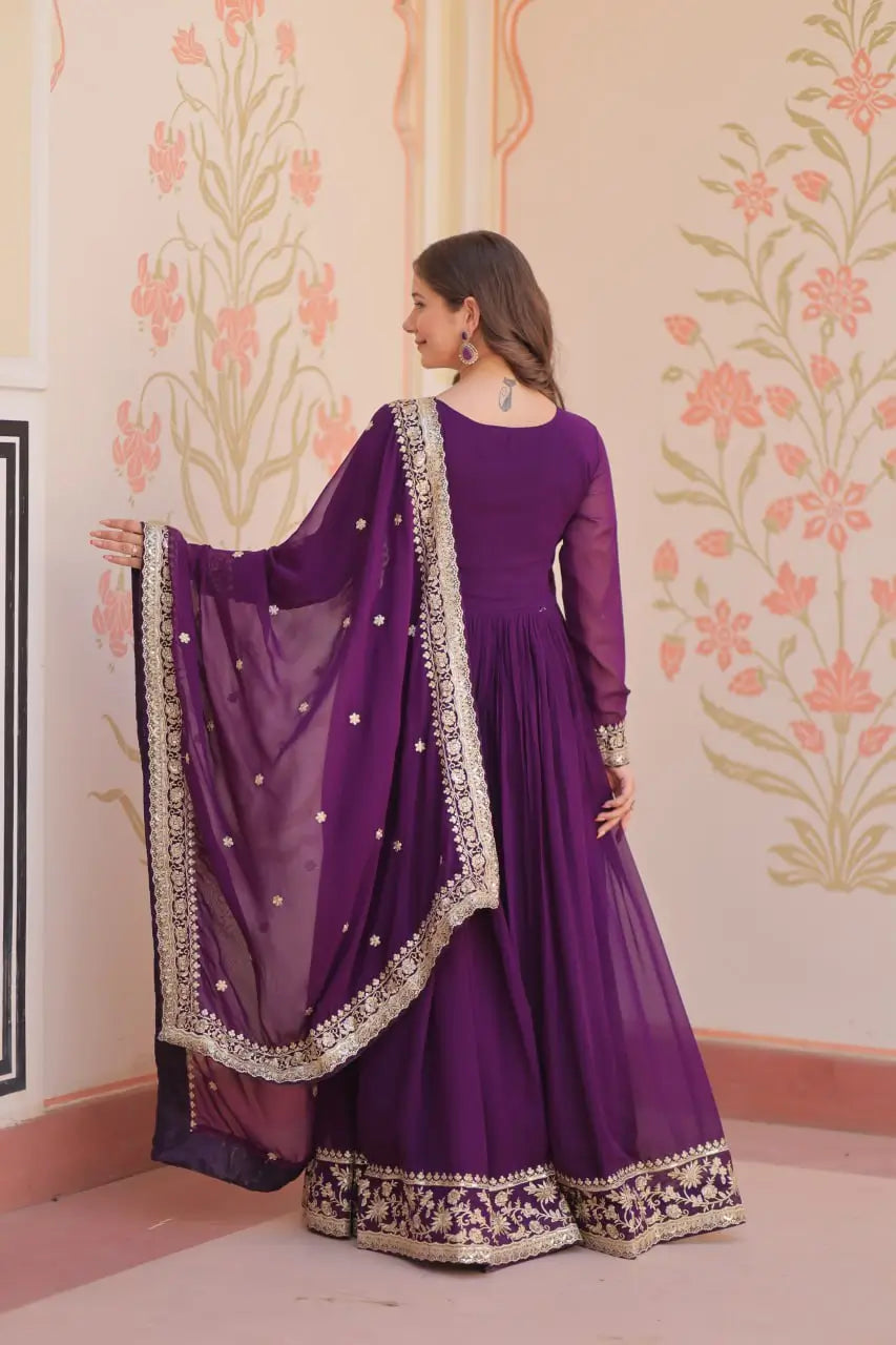 Designer Faux Blooming Georgette Gown with Dupatta – Zari & Sequins Work (Mehroon, Purple, Rani)