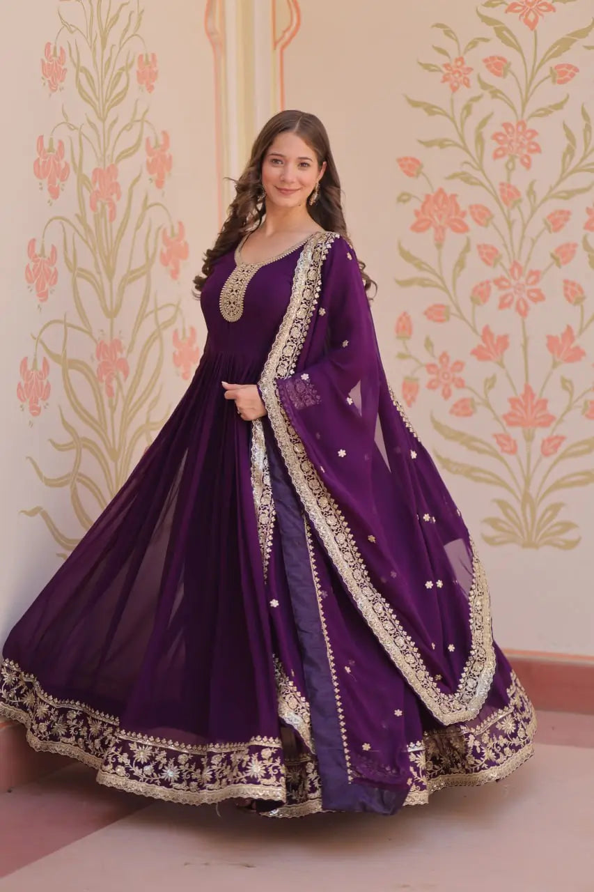 Designer Faux Blooming Georgette Gown with Dupatta – Zari & Sequins Work (Mehroon, Purple, Rani)
