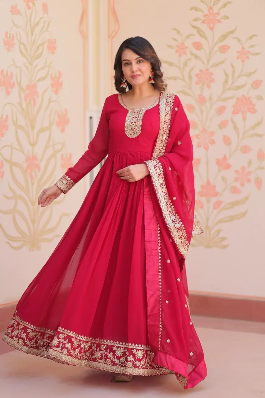 Designer Faux Blooming Georgette Gown with Dupatta – Zari & Sequins Work (Mehroon, Purple, Rani)
