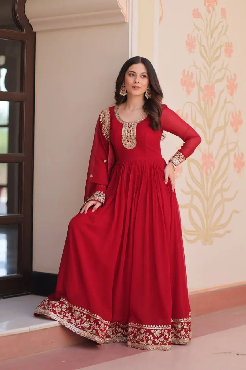 Designer Faux Blooming Georgette Gown with Dupatta – Zari & Sequins Work (Mehroon, Purple, Rani)
