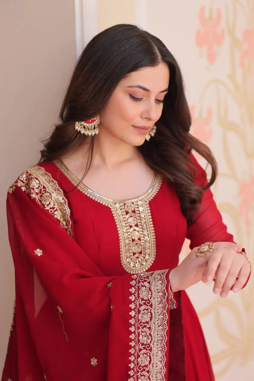 Designer Faux Blooming Georgette Gown with Dupatta – Zari & Sequins Work (Mehroon, Purple, Rani)