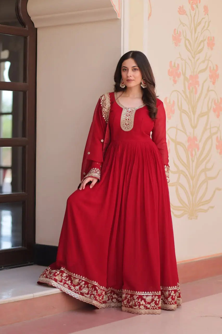 Designer Faux Blooming Georgette Gown with Dupatta – Zari & Sequins Work (Mehroon, Purple, Rani)