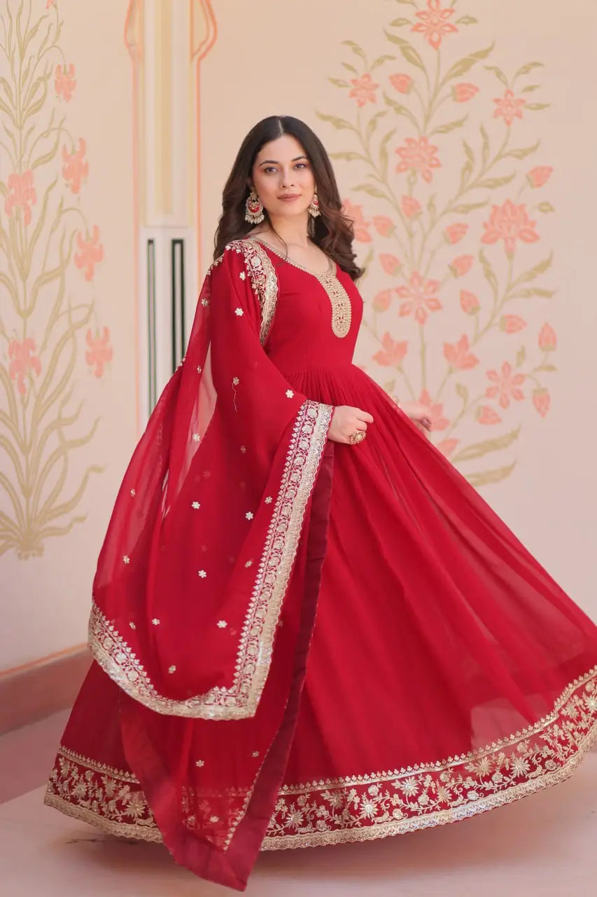 Designer Faux Blooming Georgette Gown with Dupatta – Zari & Sequins Work (Mehroon, Purple, Rani)