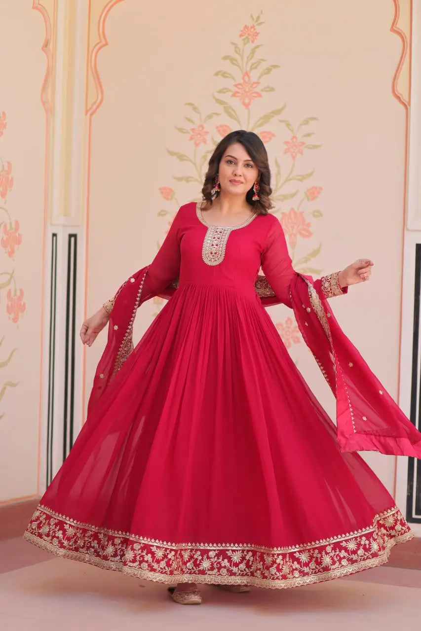 Designer Faux Blooming Georgette Gown with Dupatta – Zari & Sequins Work (Mehroon, Purple, Rani)