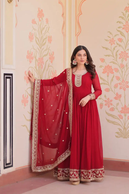 Designer Faux Blooming Georgette Gown with Dupatta – Zari & Sequins Work (Mehroon, Purple, Rani)