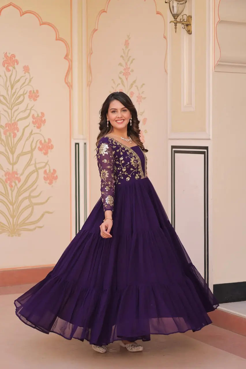Designer Faux Blooming Gown with Heavy Flair | 12 Meter Layered Anarkali Gown with Sequins & Zari Embroidery – Purple, Rani, Rama