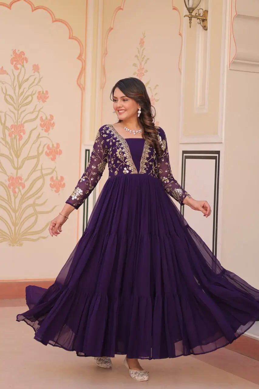 Designer Faux Blooming Gown with Heavy Flair | 12 Meter Layered Anarkali Gown with Sequins & Zari Embroidery – Purple, Rani, Rama