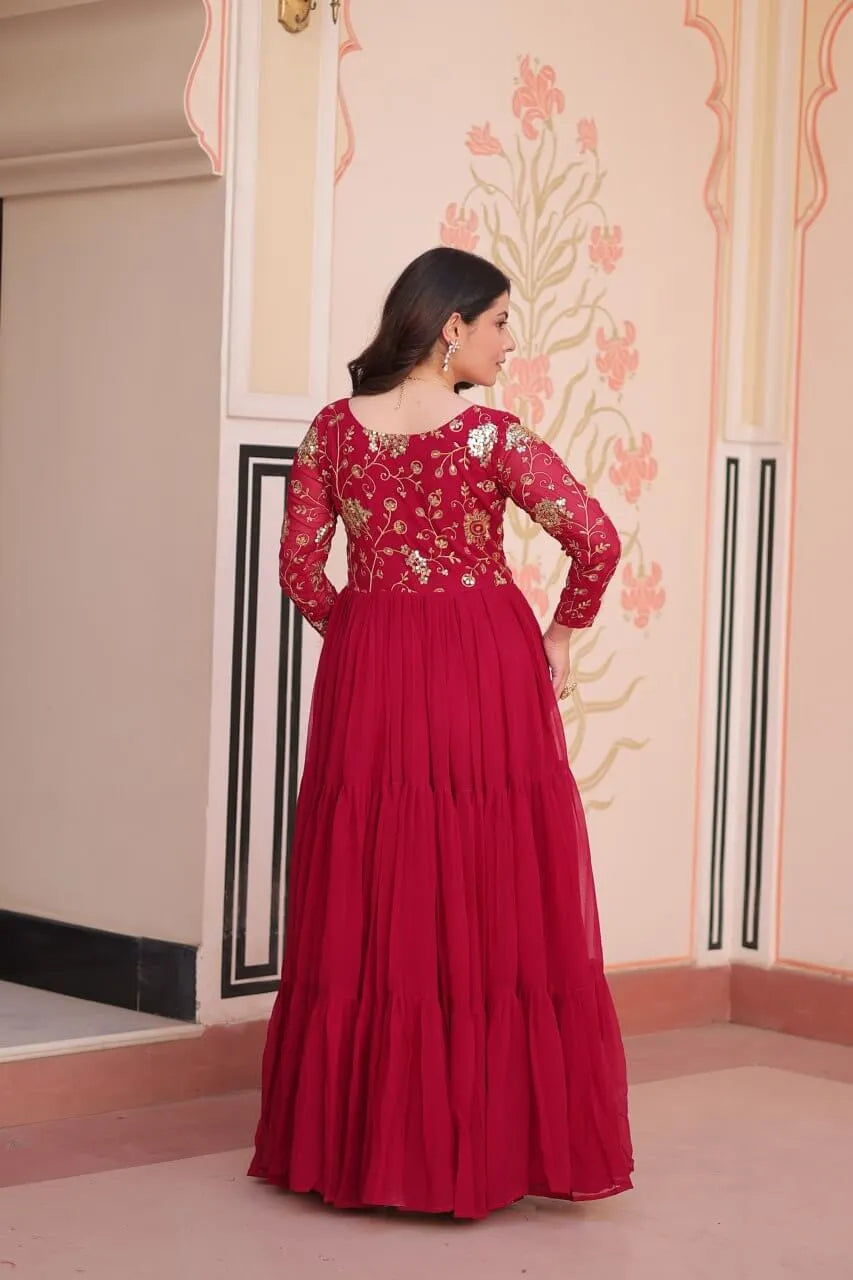 Designer Faux Blooming Gown with Heavy Flair | 12 Meter Layered Anarkali Gown with Sequins & Zari Embroidery – Purple, Rani, Rama