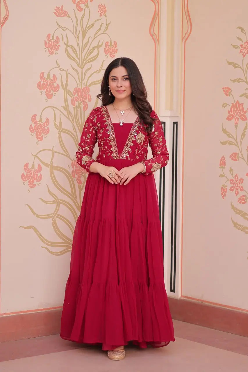 Designer Faux Blooming Gown with Heavy Flair | 12 Meter Layered Anarkali Gown with Sequins & Zari Embroidery – Purple, Rani, Rama