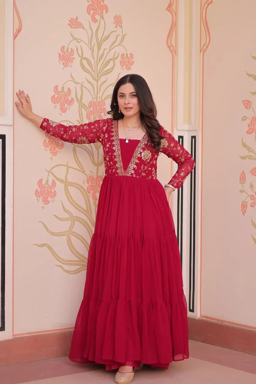 Designer Faux Blooming Gown with Heavy Flair | 12 Meter Layered Anarkali Gown with Sequins & Zari Embroidery – Purple, Rani, Rama