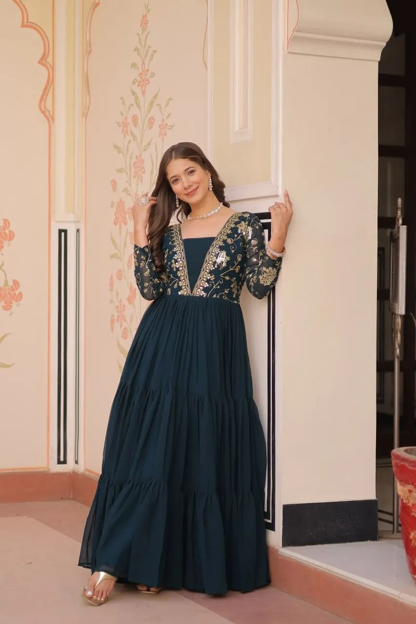 Designer Faux Blooming Gown with Heavy Flair | 12 Meter Layered Anarkali Gown with Sequins & Zari Embroidery – Purple, Rani, Rama