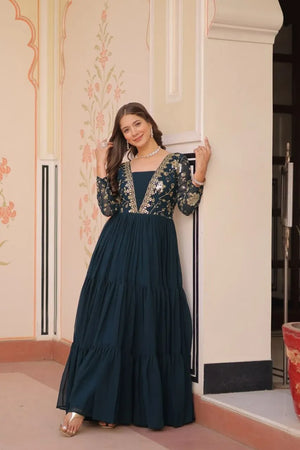 Designer Faux Blooming Gown with Heavy Flair | 12 Meter Layered Anarkali Gown with Sequins & Zari Embroidery – Purple, Rani, Rama