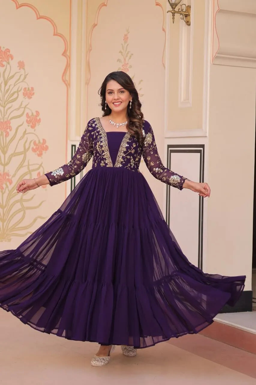 Designer Faux Blooming Gown with Heavy Flair | 12 Meter Layered Anarkali Gown with Sequins & Zari Embroidery – Purple, Rani, Rama