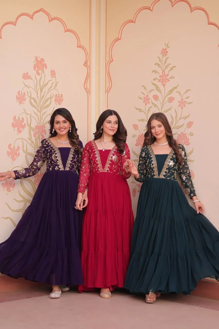 Designer Faux Blooming Gown with Heavy Flair | 12 Meter Layered Anarkali Gown with Sequins & Zari Embroidery – Purple, Rani, Rama