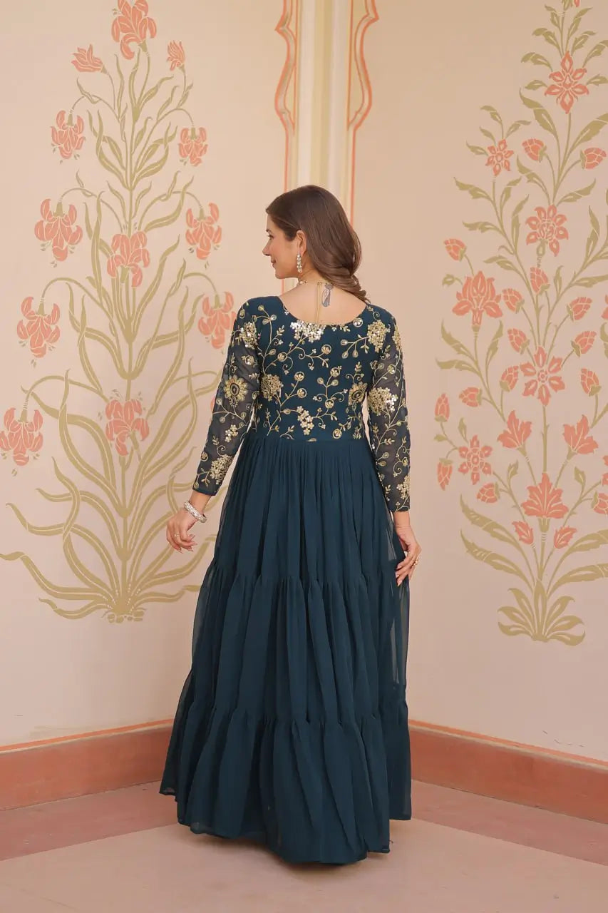 Designer Faux Blooming Gown with Heavy Flair | 12 Meter Layered Anarkali Gown with Sequins & Zari Embroidery – Purple, Rani, Rama