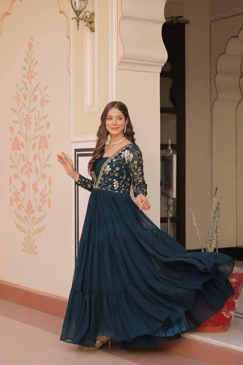 Designer Faux Blooming Gown with Heavy Flair | 12 Meter Layered Anarkali Gown with Sequins & Zari Embroidery – Purple, Rani, Rama