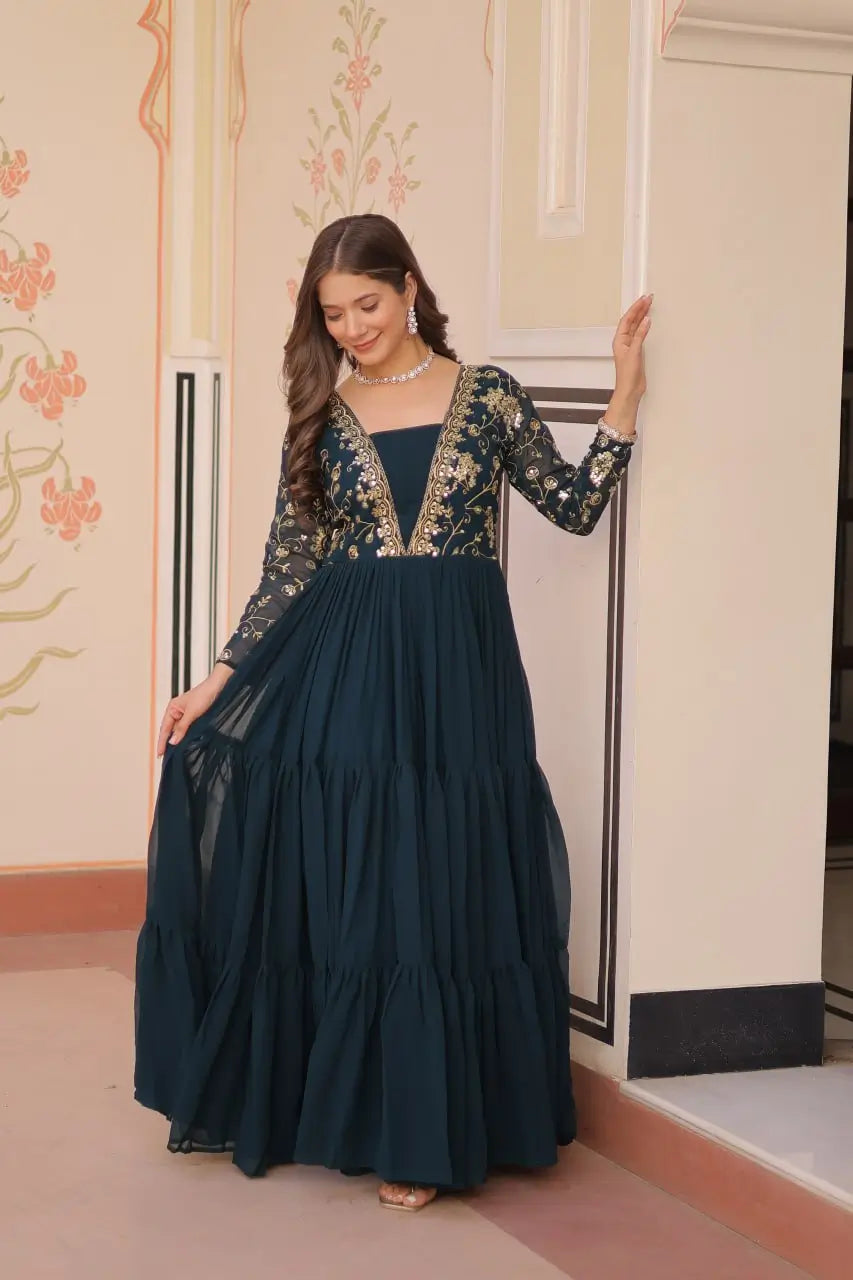 Designer Faux Blooming Gown with Heavy Flair | 12 Meter Layered Anarkali Gown with Sequins & Zari Embroidery – Purple, Rani, Rama