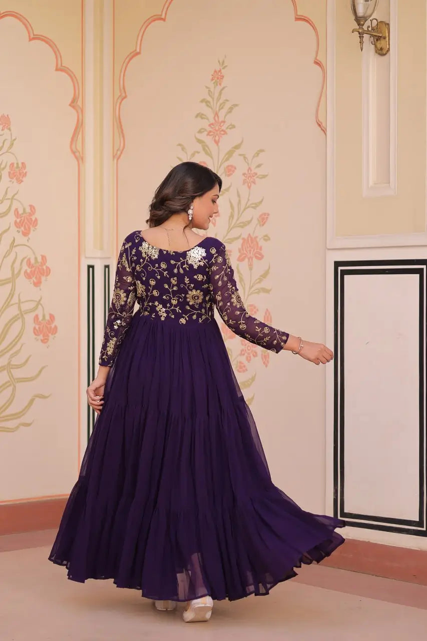 Designer Faux Blooming Gown with Heavy Flair | 12 Meter Layered Anarkali Gown with Sequins & Zari Embroidery – Purple, Rani, Rama