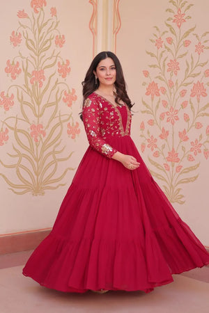 Designer Faux Blooming Gown with Heavy Flair | 12 Meter Layered Anarkali Gown with Sequins & Zari Embroidery – Purple, Rani, Rama