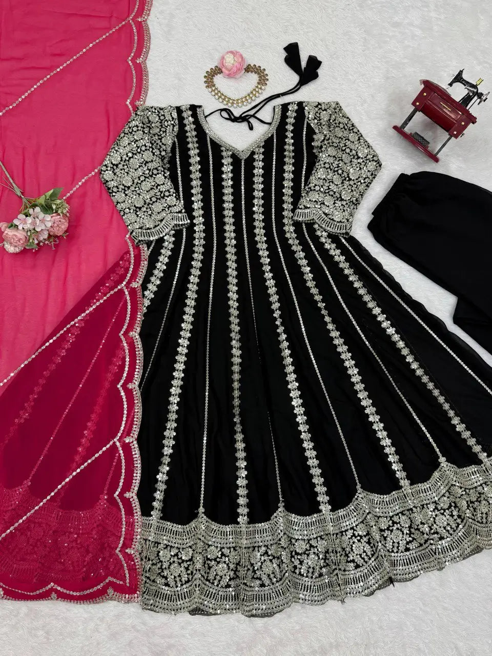 Designer Faux Georgette Anarkali Set with Plazoo & Dupatta | Party & Wedding Wear