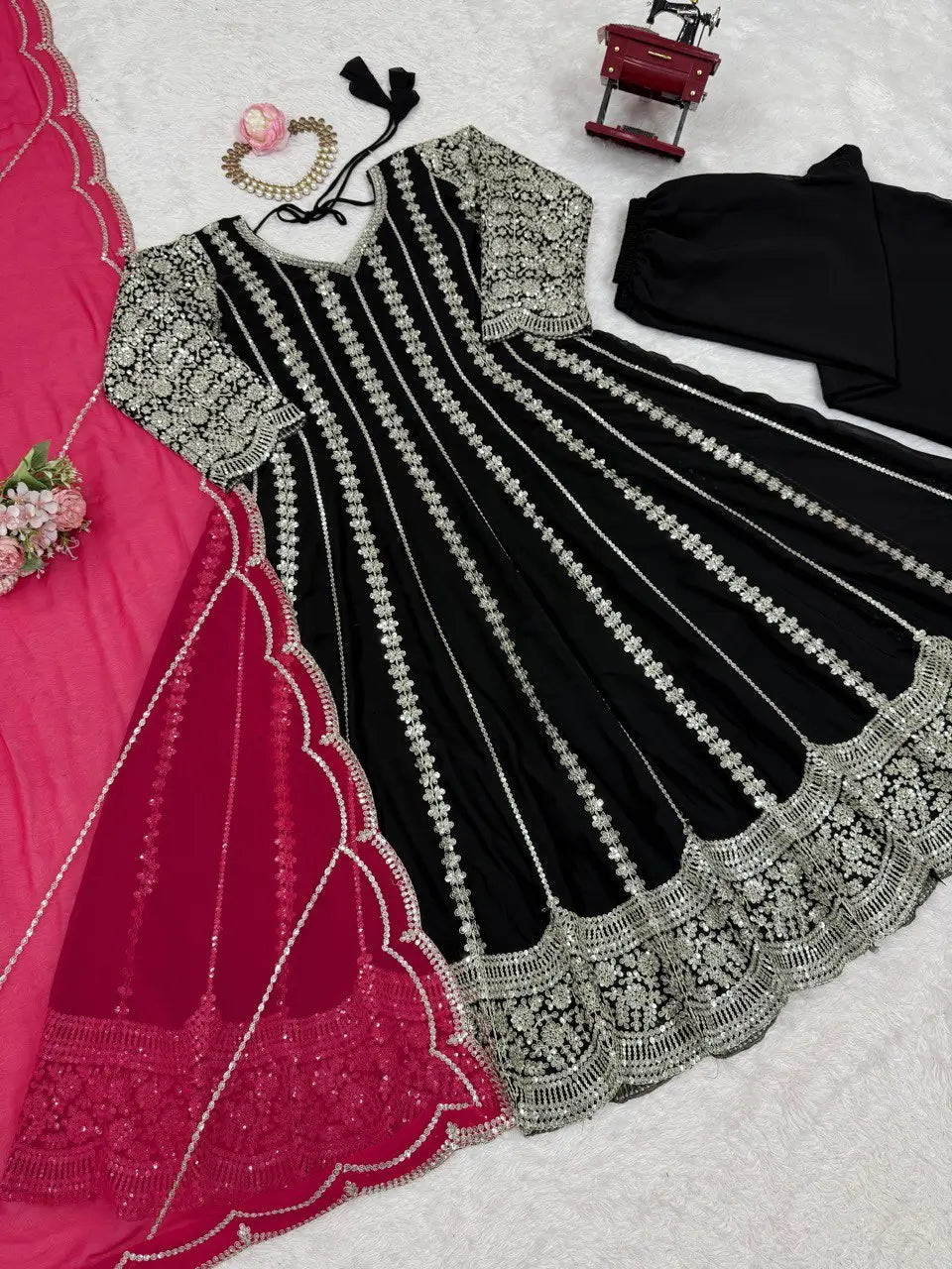 Designer Faux Georgette Anarkali Set with Plazoo & Dupatta | Party & Wedding Wear