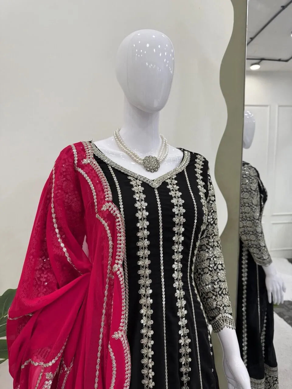 Designer Faux Georgette Anarkali Set with Plazoo & Dupatta | Party & Wedding Wear