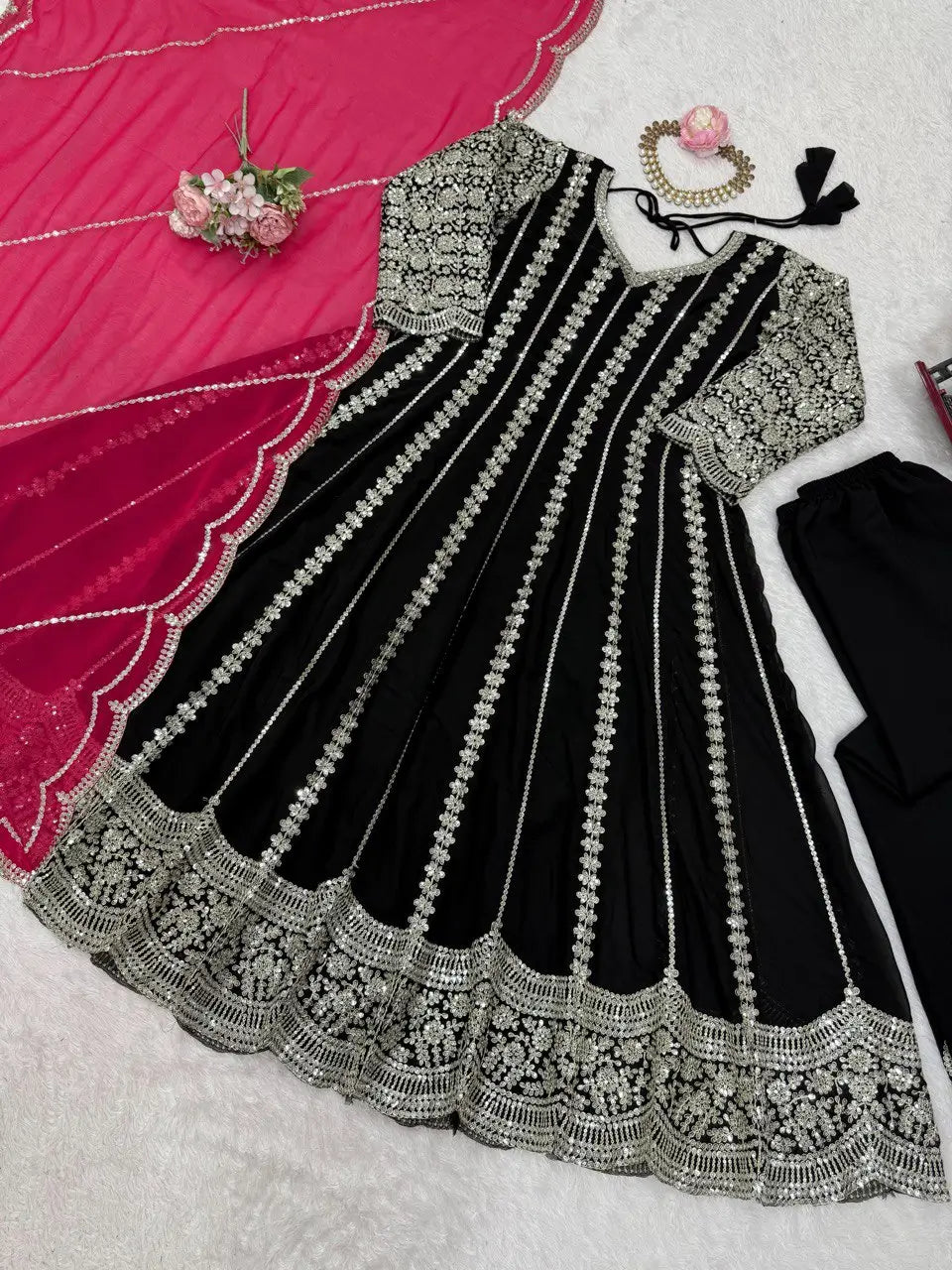 Designer Faux Georgette Anarkali Set with Plazoo & Dupatta | Party & Wedding Wear