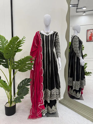 Designer Faux Georgette Anarkali Set with Plazoo & Dupatta | Party & Wedding Wear