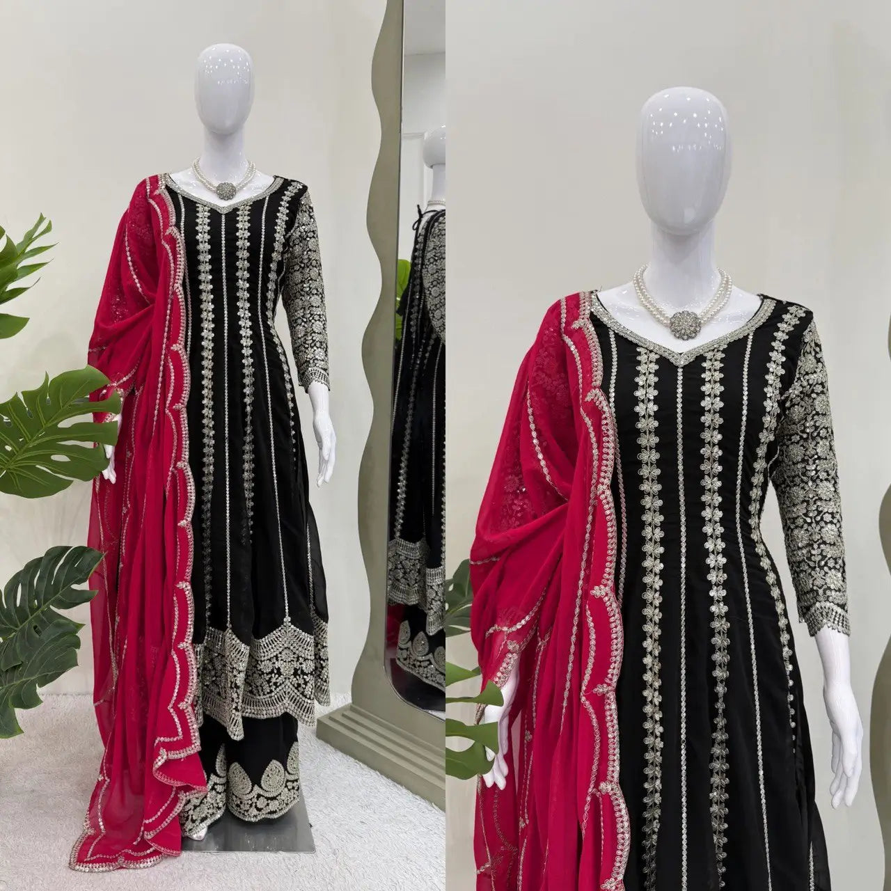 Designer Faux Georgette Anarkali Set with Plazoo & Dupatta | Party & Wedding Wear