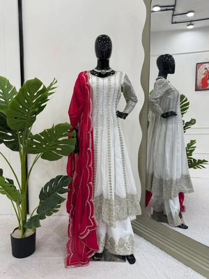 Designer Faux Georgette Anarkali Set with Plazoo & Dupatta | Party & Wedding Wear