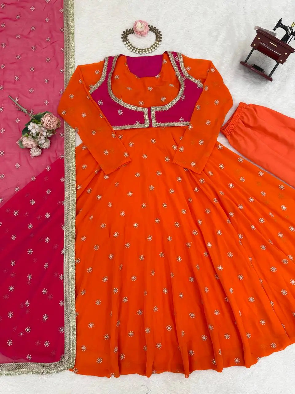 Designer Faux Georgette Anarkali Suit Set with Koti and Dupatta