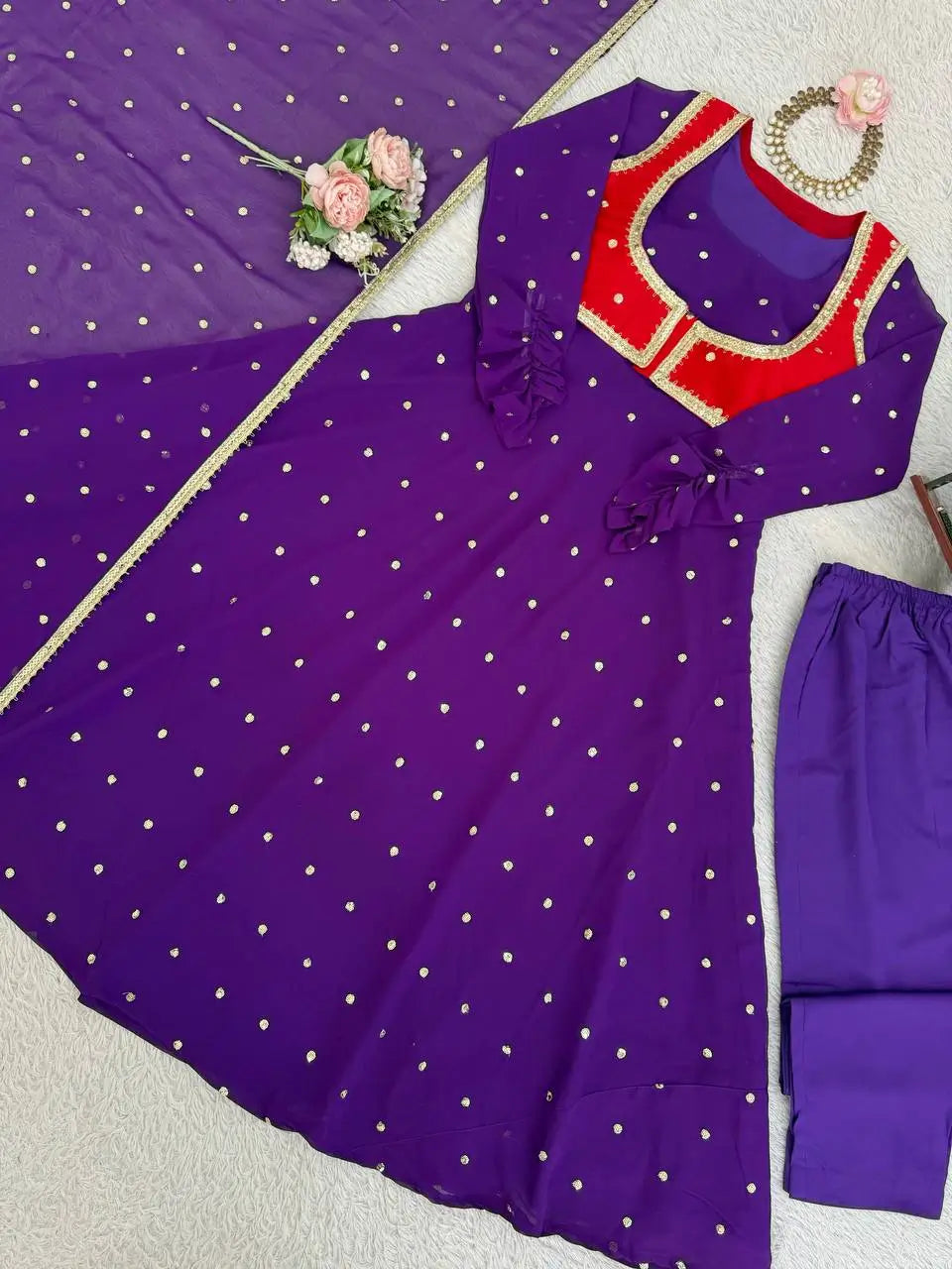 Designer Faux Georgette Anarkali Suit Set with Koti and Dupatta