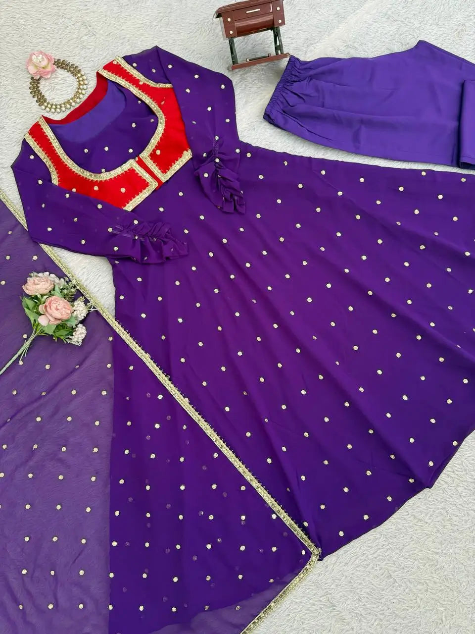 Designer Faux Georgette Anarkali Suit Set with Koti and Dupatta