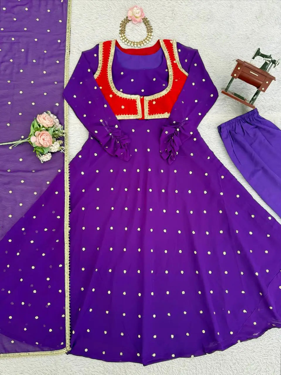 Designer Faux Georgette Anarkali Suit Set with Koti and Dupatta