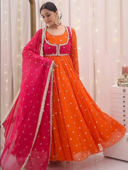 Designer Faux Georgette Anarkali Suit Set with Koti and Dupatta