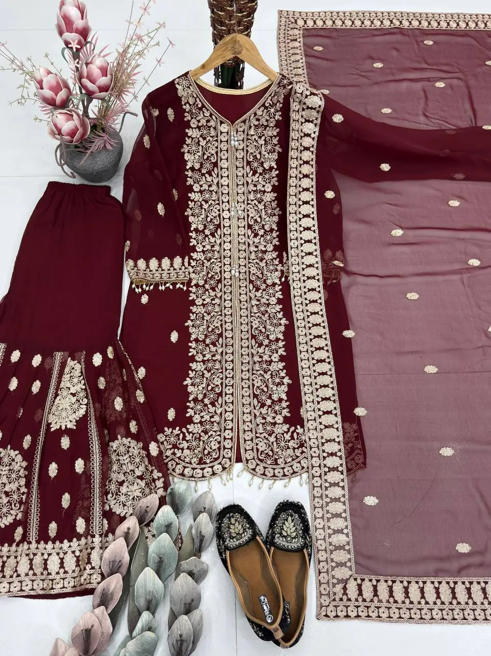 Designer Faux Georgette Chinon Sequins Sharara Set for Festive and Wedding Wear