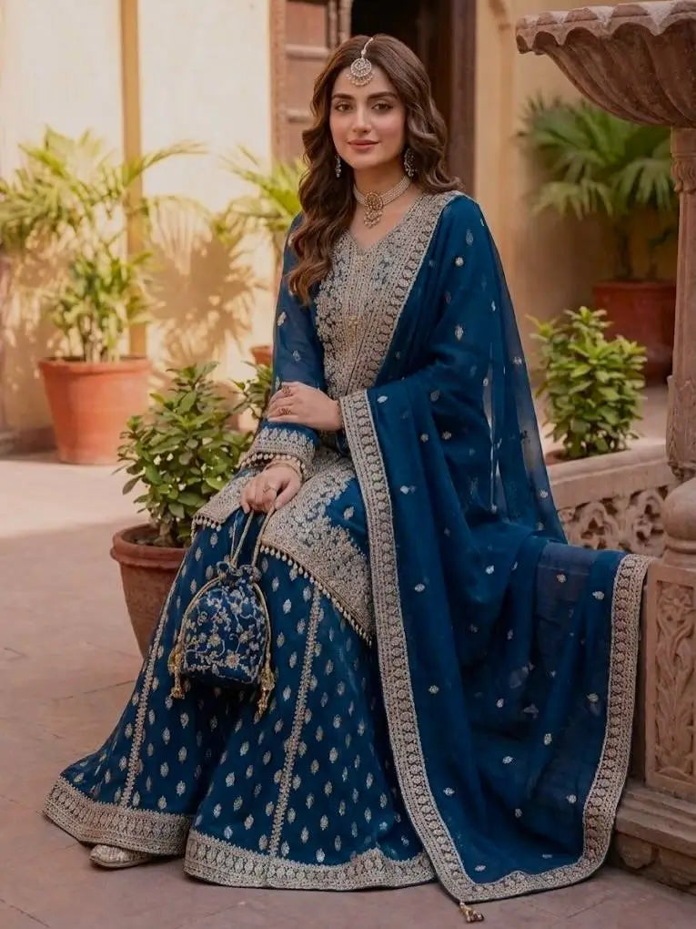 Designer Faux Georgette Chinon Sequins Sharara Set for Festive and Wedding Wear