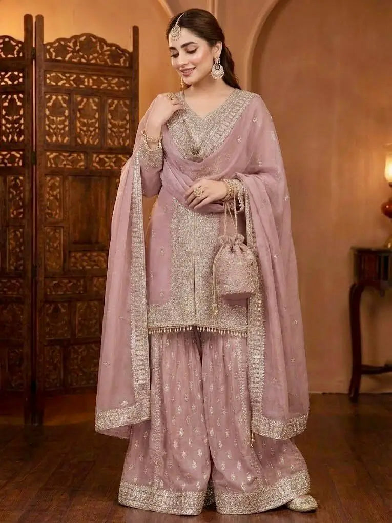 Designer Faux Georgette Chinon Sequins Sharara Set for Festive and Wedding Wear