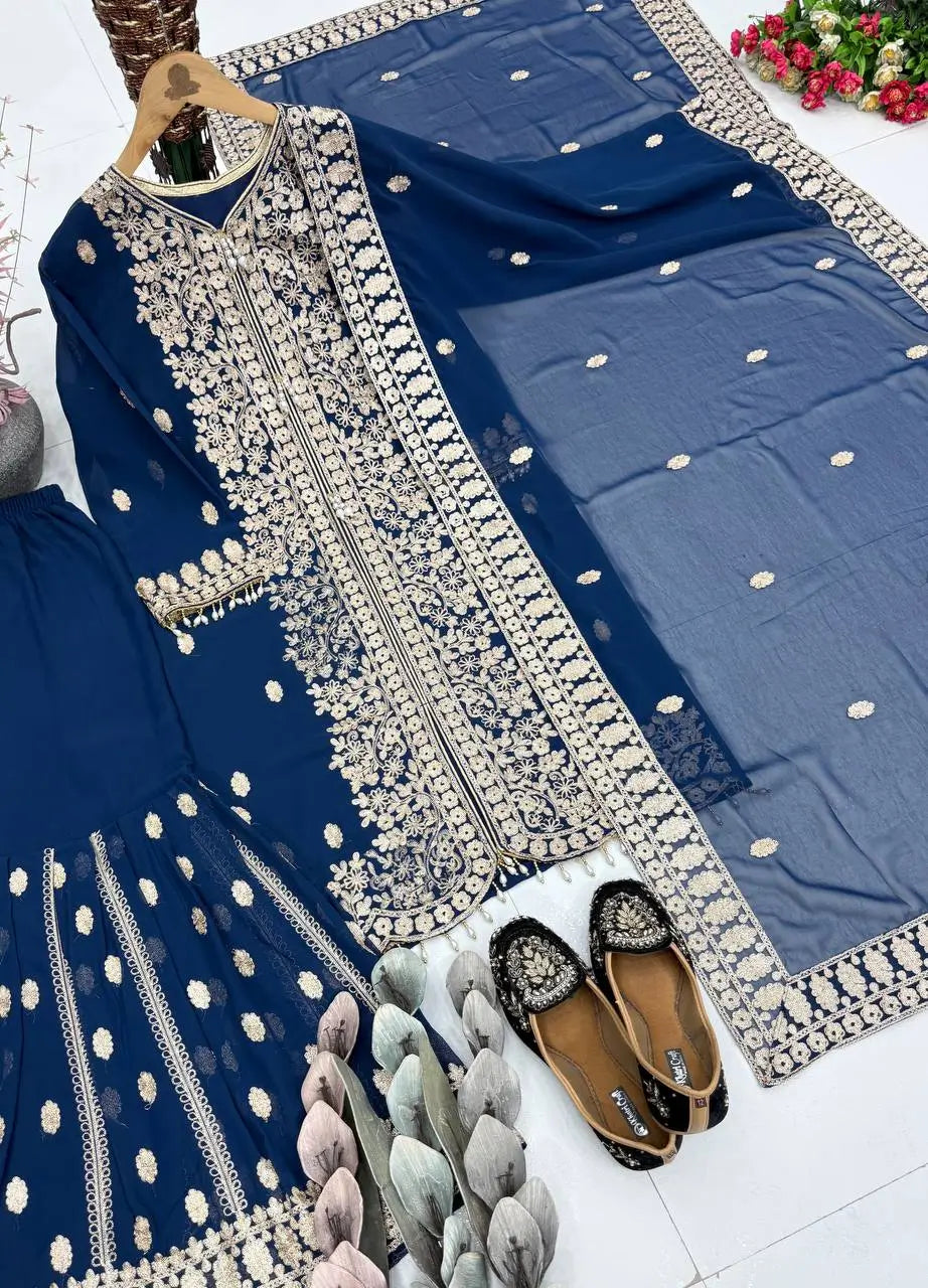 Designer Faux Georgette Chinon Sequins Sharara Set for Festive and Wedding Wear