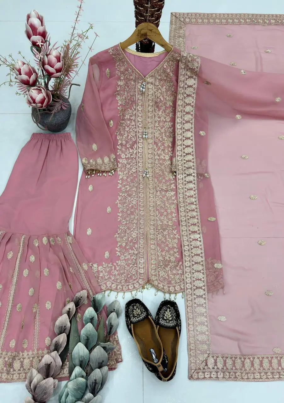 Designer Faux Georgette Chinon Sequins Sharara Set for Festive and Wedding Wear