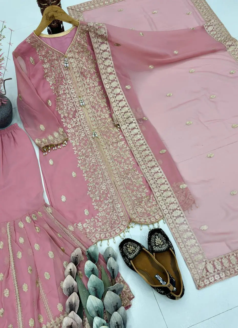 Designer Faux Georgette Chinon Sequins Sharara Set for Festive and Wedding Wear