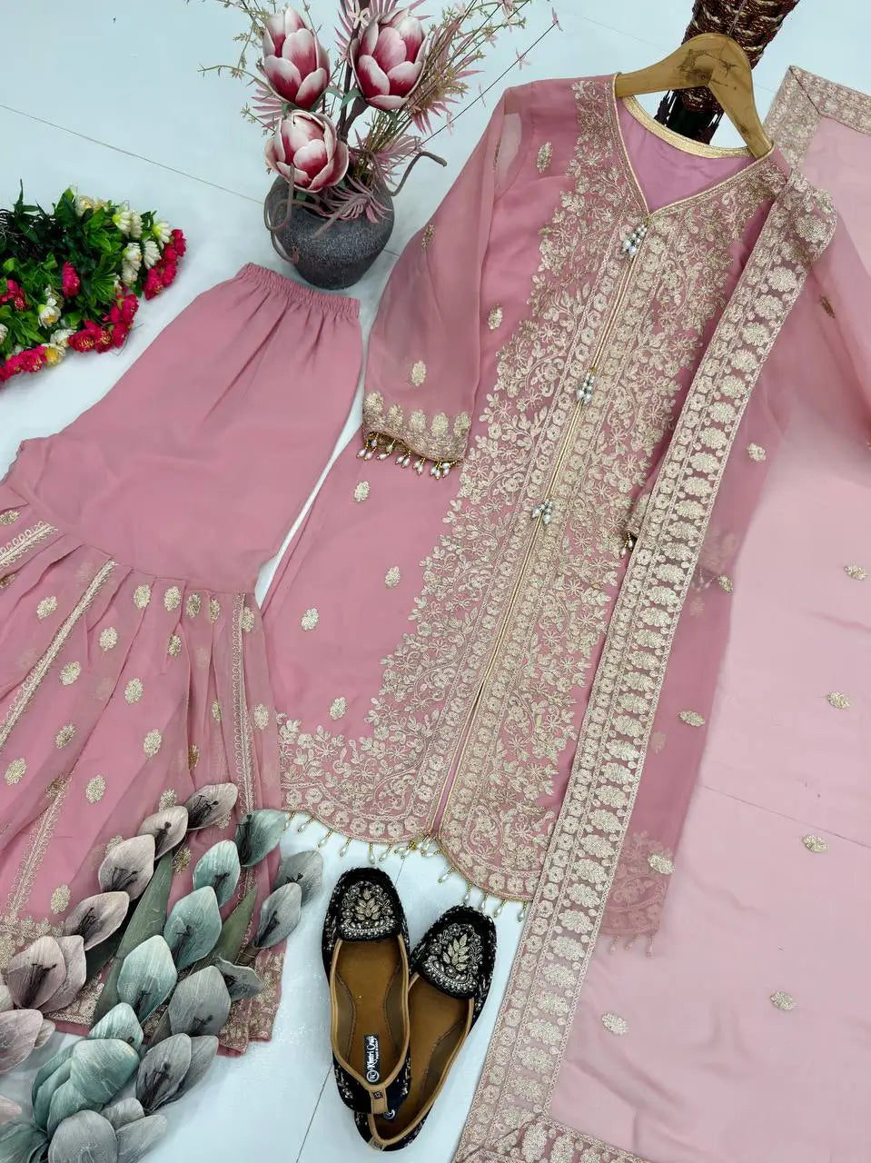 Designer Faux Georgette Chinon Sequins Sharara Set for Festive and Wedding Wear