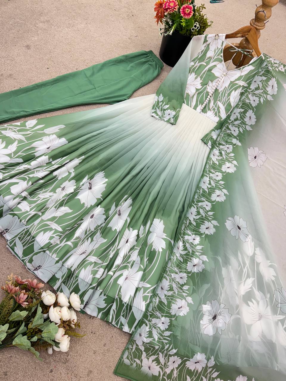 Designer Faux Georgette Digital Print Gown Set