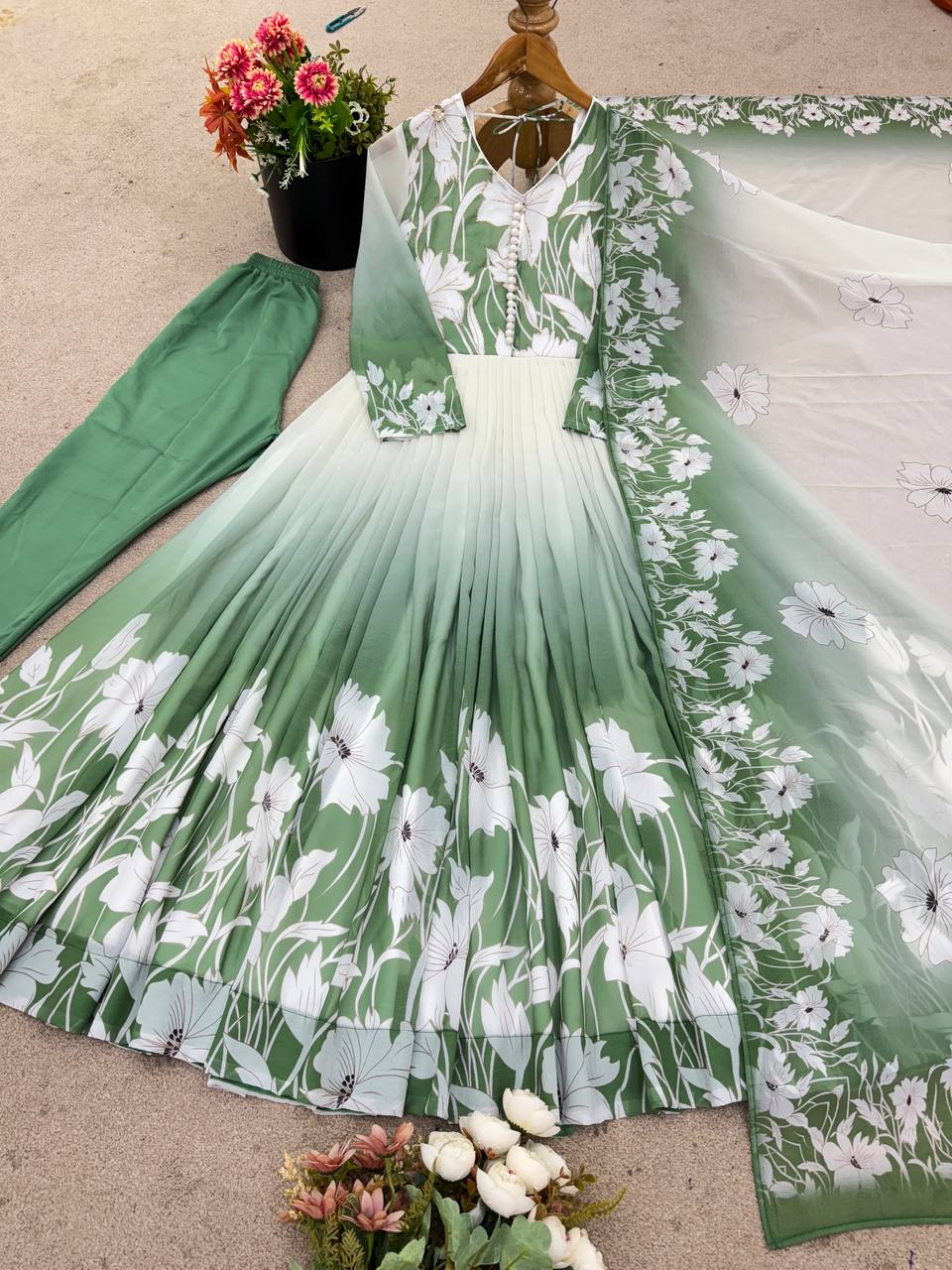 Designer Faux Georgette Digital Print Gown Set