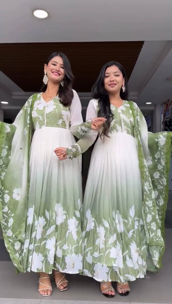 Designer Faux Georgette Digital Print Gown Set