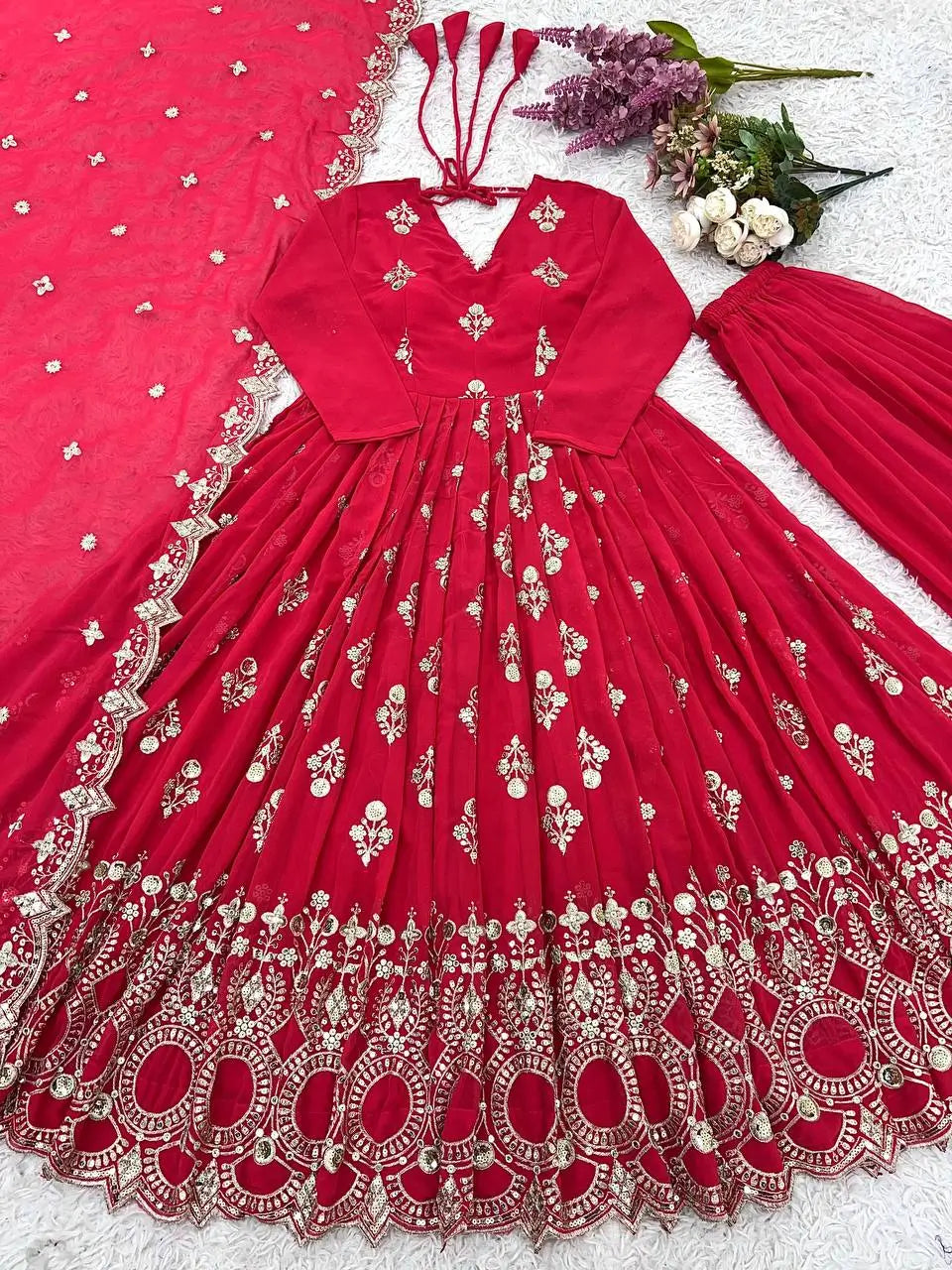 Designer Faux Georgette Embroidered Anarkali Gown Set