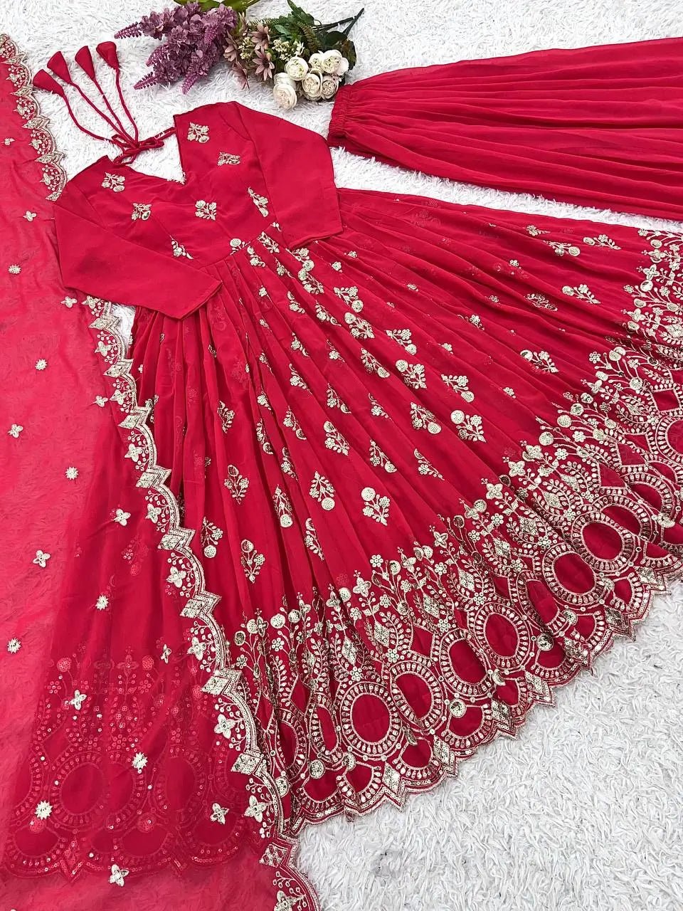 Designer Faux Georgette Embroidered Anarkali Gown Set