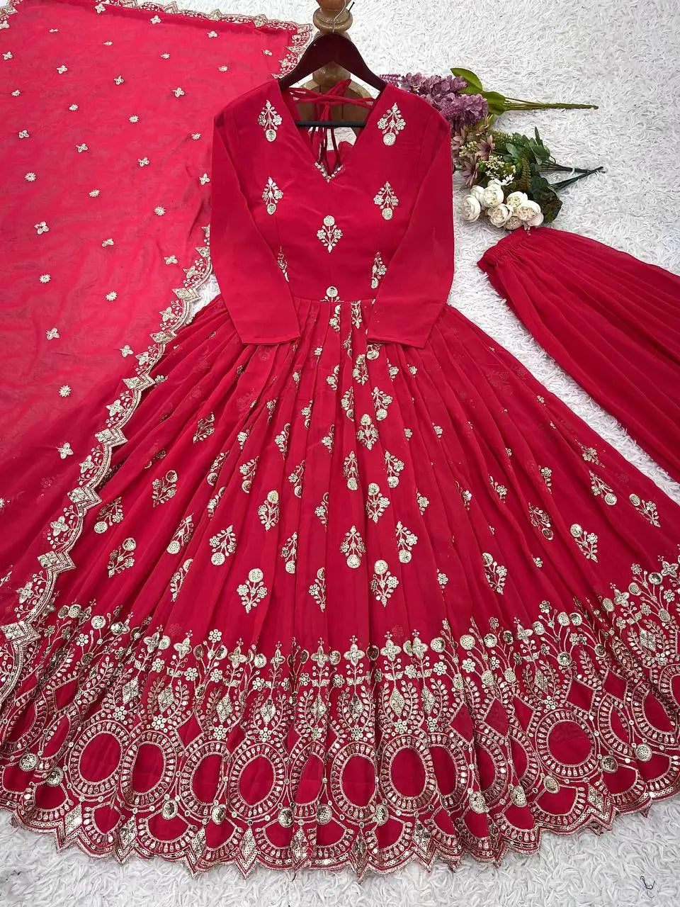 Designer Faux Georgette Embroidered Anarkali Gown Set