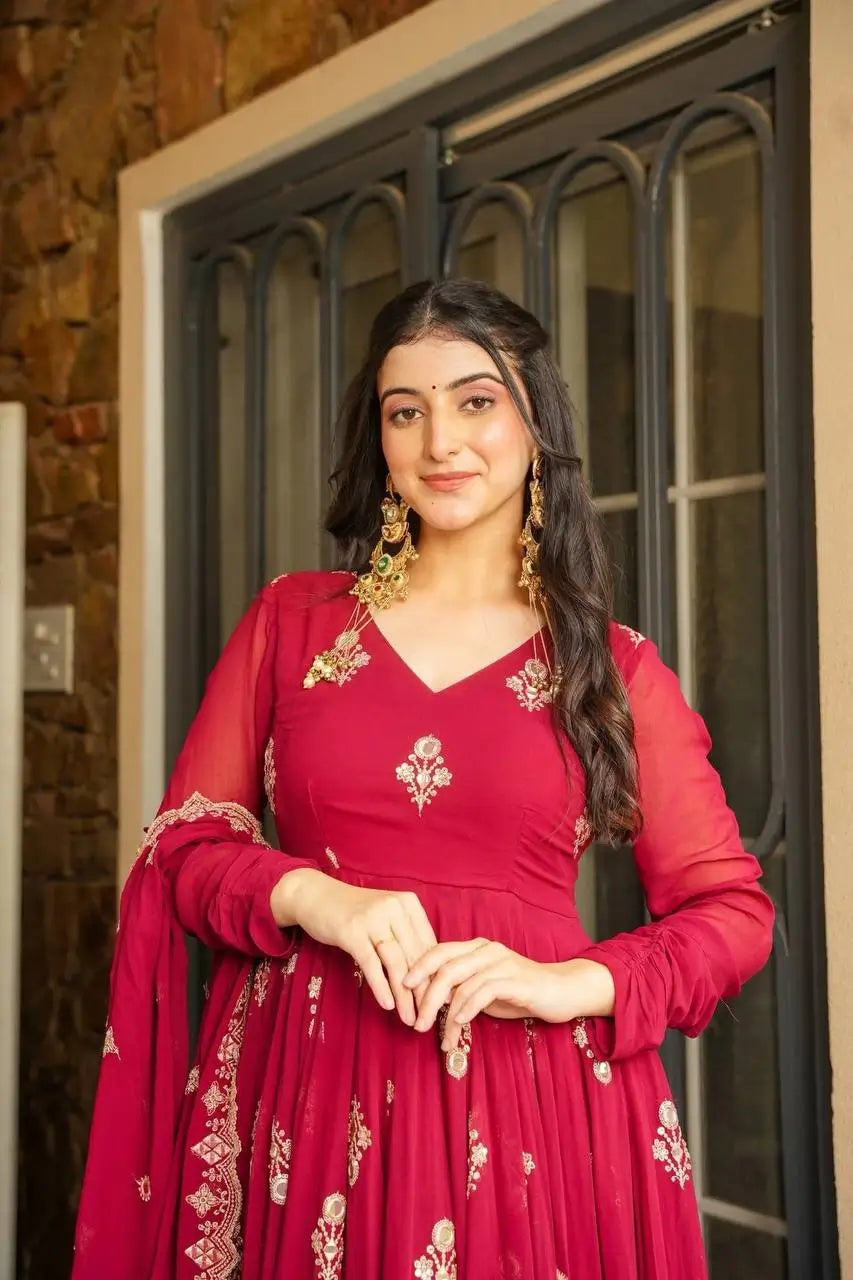 Designer Faux Georgette Embroidered Anarkali Gown Set